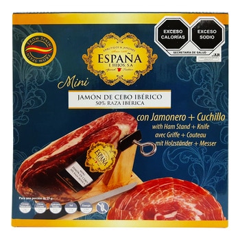 Pack Jamón Serrano Baby con cuchillo y soporte de madera - Queso Jamón