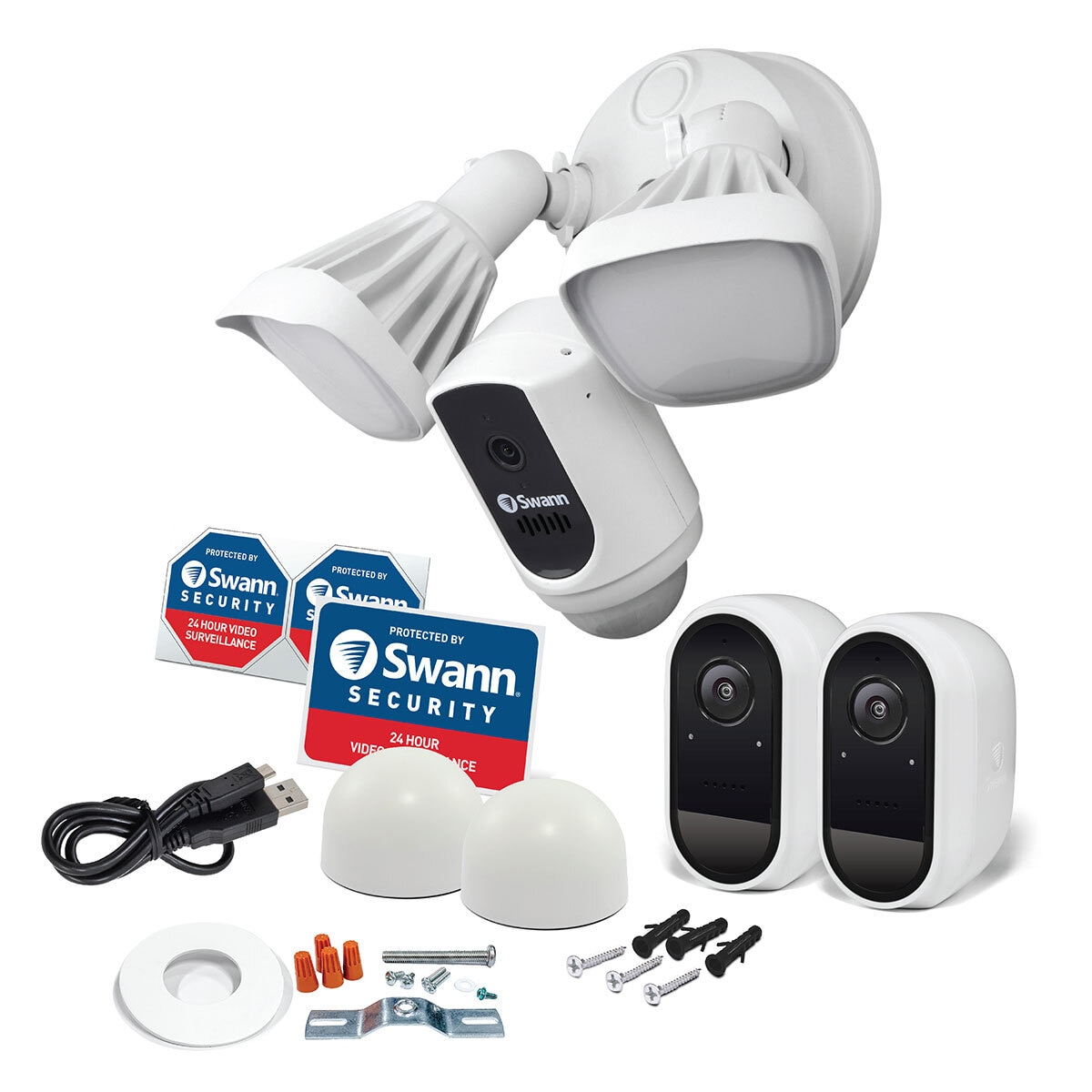 Swann, Sistema de Seguridad 1080p Bundle: 1 Cámara con luz de inundación + 2 Cámaras Blancas de Batería