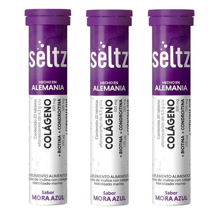 Seltz Colágeno 3 Tubos con 20 Tabletas Efervescentes c/u Sabor Mora Azul Seltz Colágeno 3 Tubos con 20 Tabletas Efervescentes c/u Sabor Mora Azul