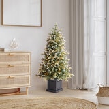 Árbol de Navidad Artificial en Maceta, Escarchado y Diamantado de 1.3m Preiluminado con 200 Luces LED