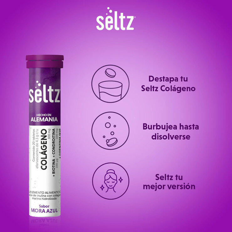 Seltz Colágeno 3 Tubos con 20 Tabletas Efervescentes c/u Sabor Mora Azul Seltz Colágeno 3 Tubos con 20 Tabletas Efervescentes c/u Sabor Mora Azul