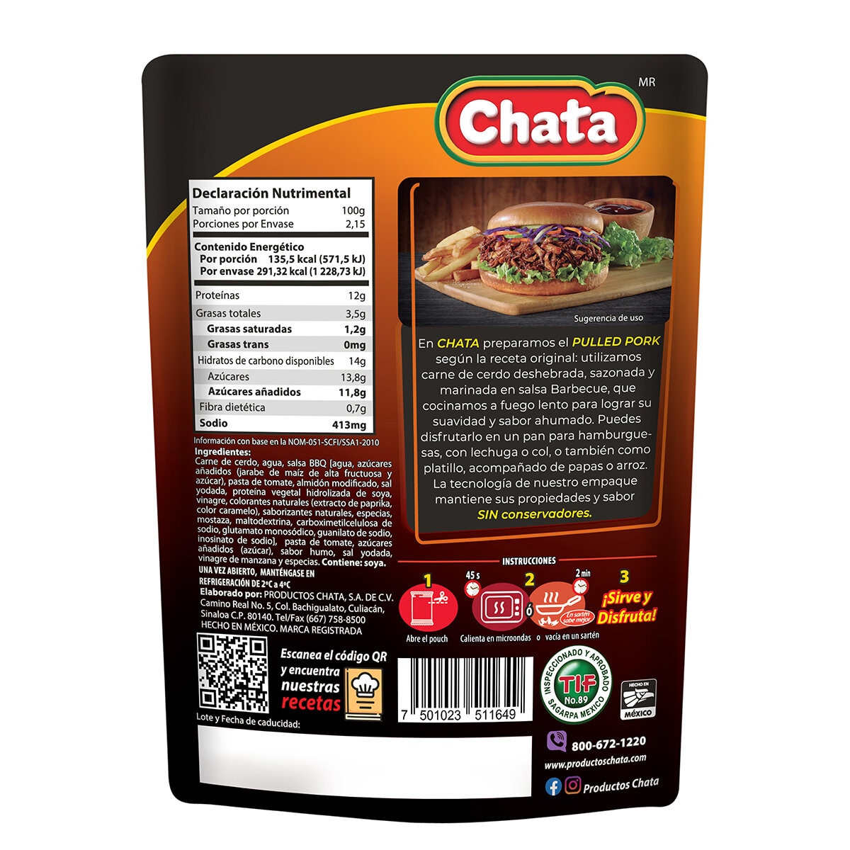 Chata Pulled Pork en Salsa BBQ 4 sobres de 860 g
