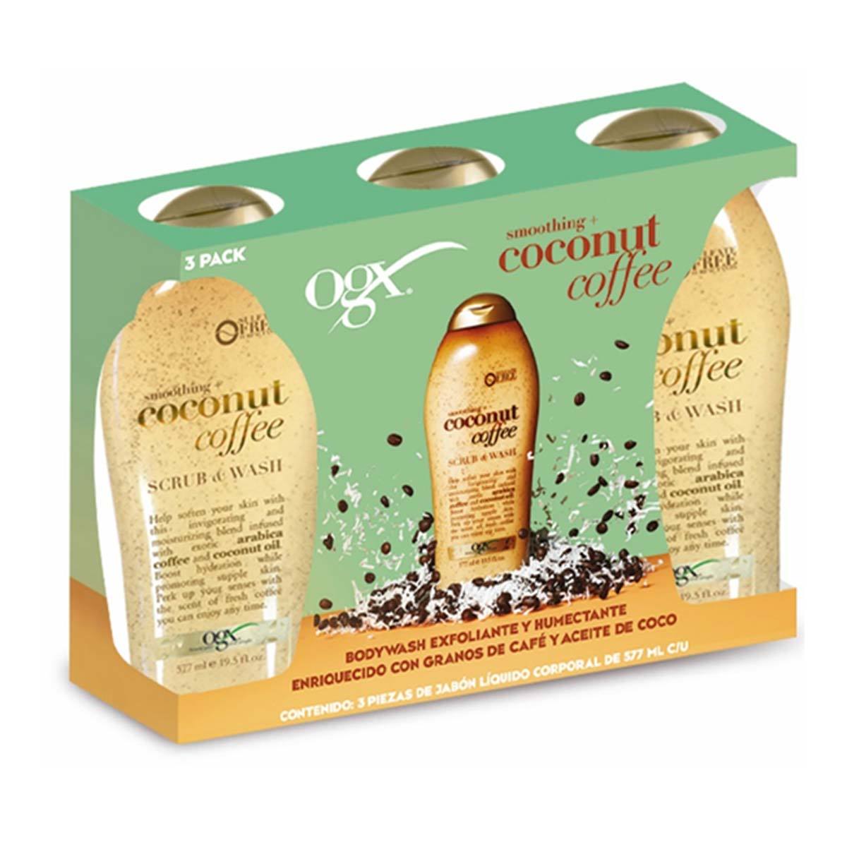 Jabón y Exfoliante Líquido Corporal de Coco y Café, OGX, 3 piezas