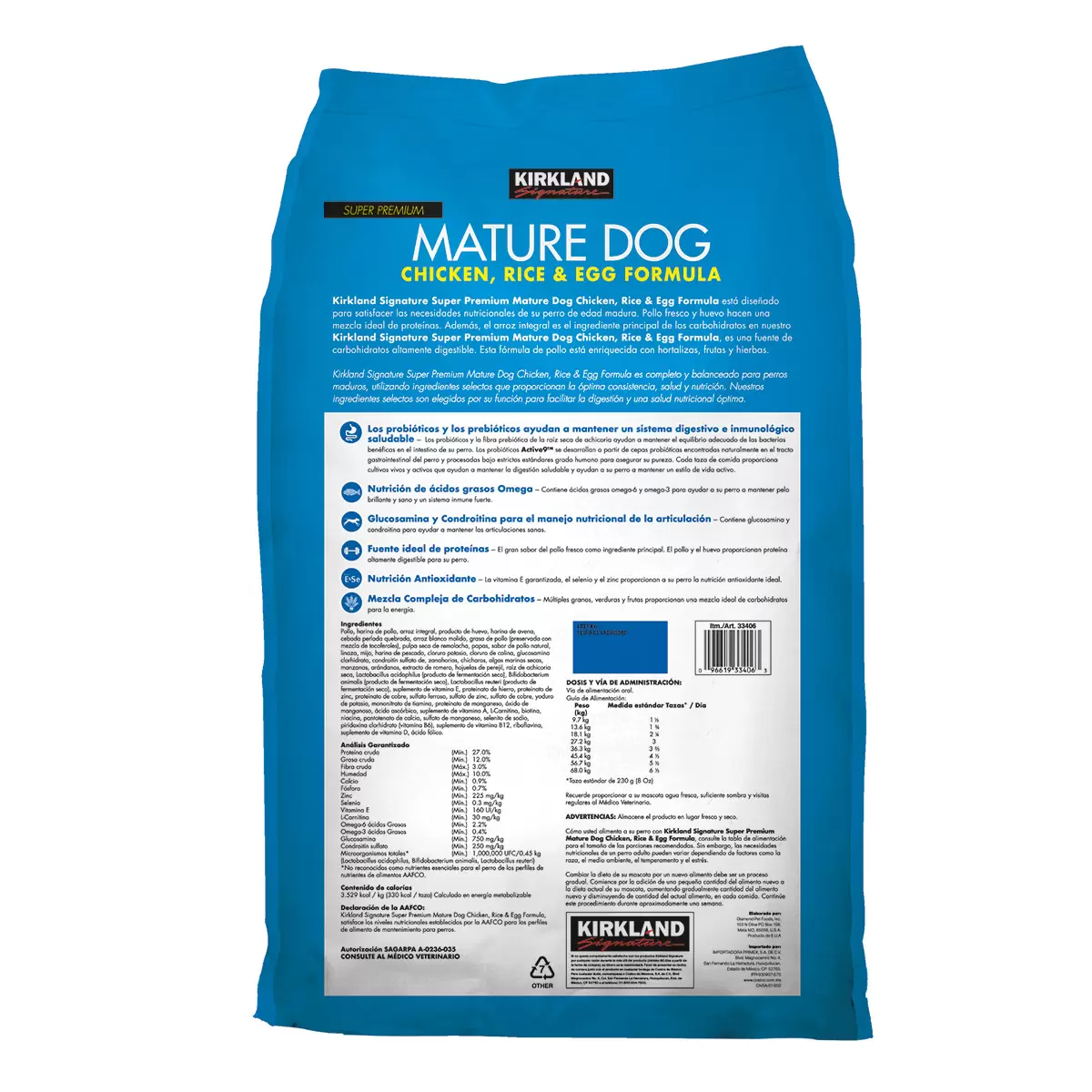 Kirkland Signature Alimento para Perro Adulto Fórmula Pollo Arroz y Huevo 18.1 kg