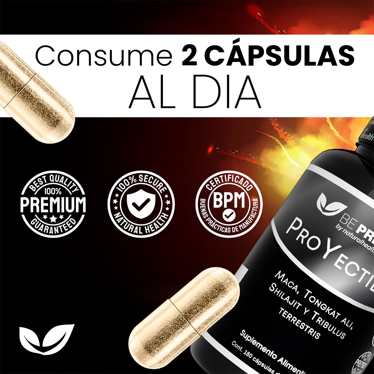 Proyectile Maca, Tongkat Ali, Shilajil y Tribulus Terrestris 180 Cápsulas