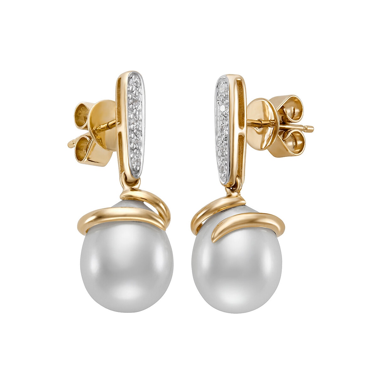 Aretes de Perlas Cultivadas, 9-10mm, con Diamantes .08ctw, Oro Dos Tonos de 14K