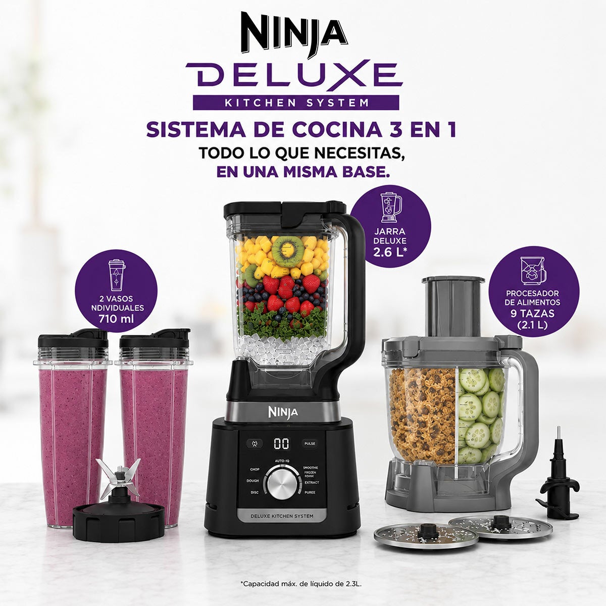 Ninja Deluxe, Sistema de Cocina con Jarra de 2.6 L, Procesador de 9 Tazas, 2 Discos de Rebanado/triturado, 2 Vasos de 700 ml