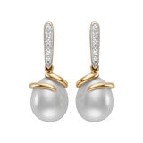 Aretes de Perlas Cultivadas, 9-10mm, con Diamantes .08ctw, Oro Dos Tonos de 14K