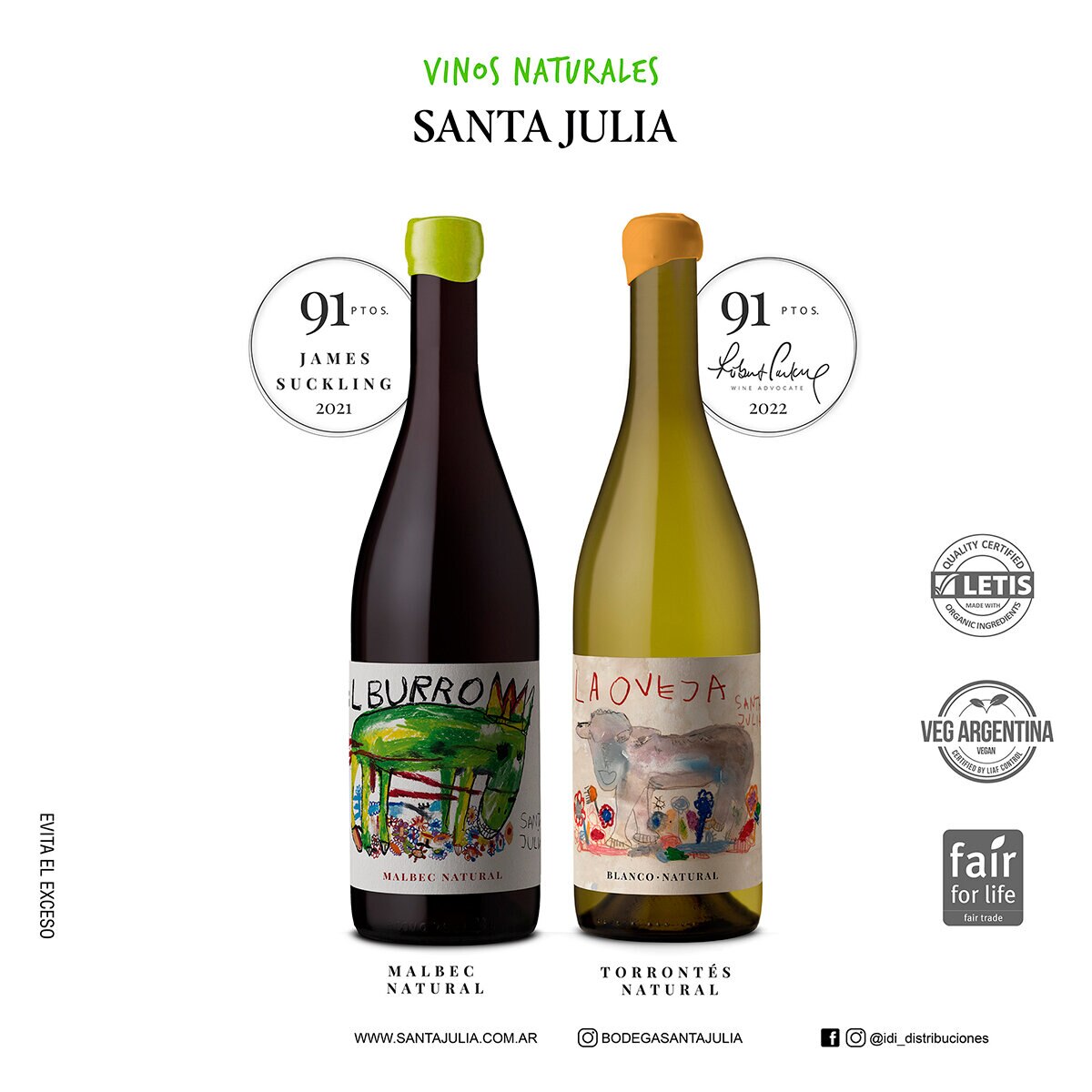 Vino Tinto El Burro Santa Julia Orgánico 750ml + Vino Blanco La Oveja Santa Julia Orgánico 750ml