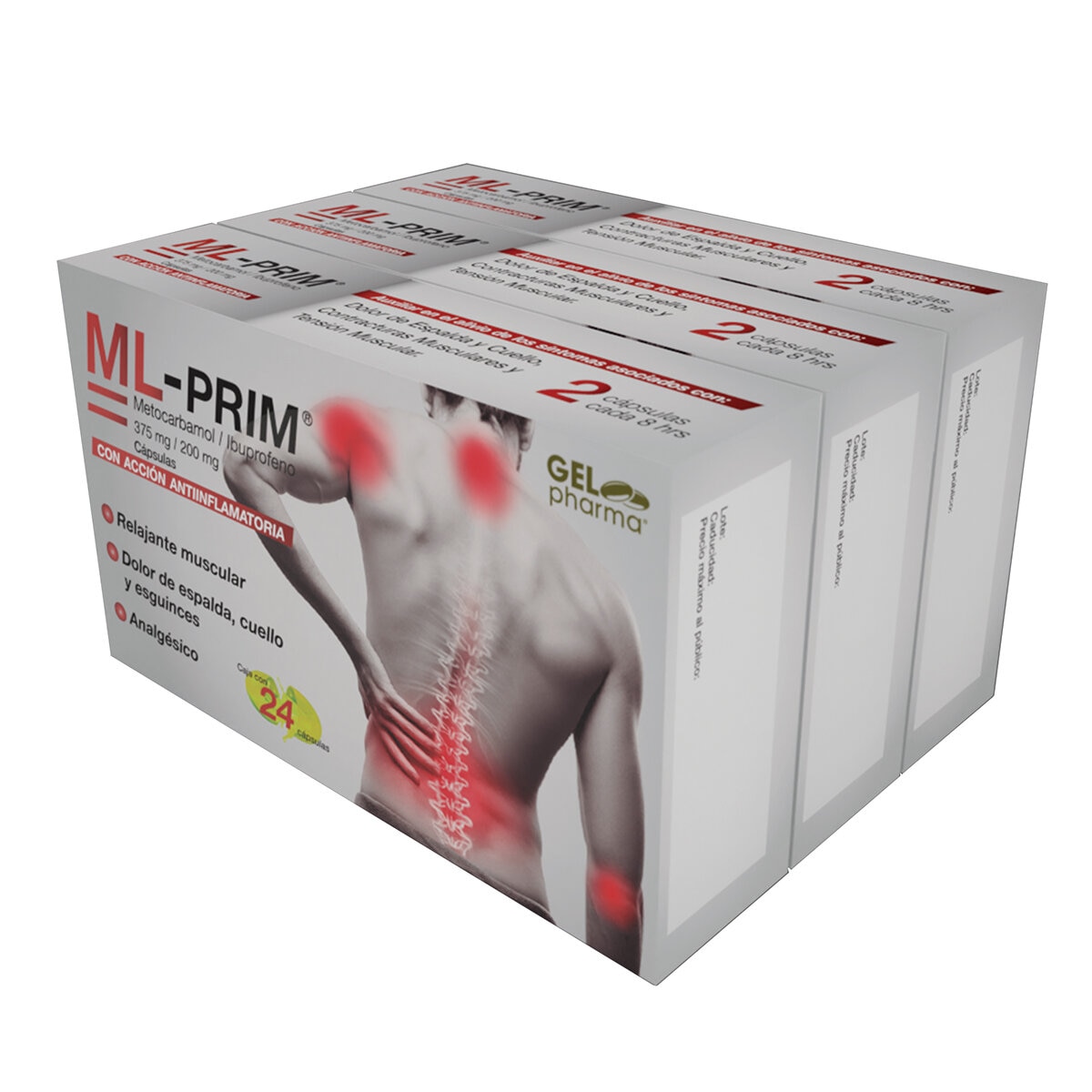 ML PRIM Metocarbamol / Ibuprofeno 4 Cajas de 24 Cápsulas c/u