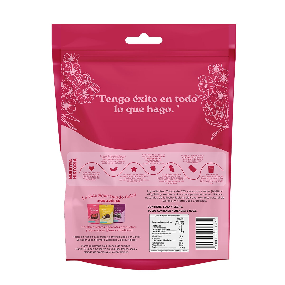 Sano Remedio, Laminas De Chocolate Sin Azucar Con Frambuesa Liofilizada 300 g