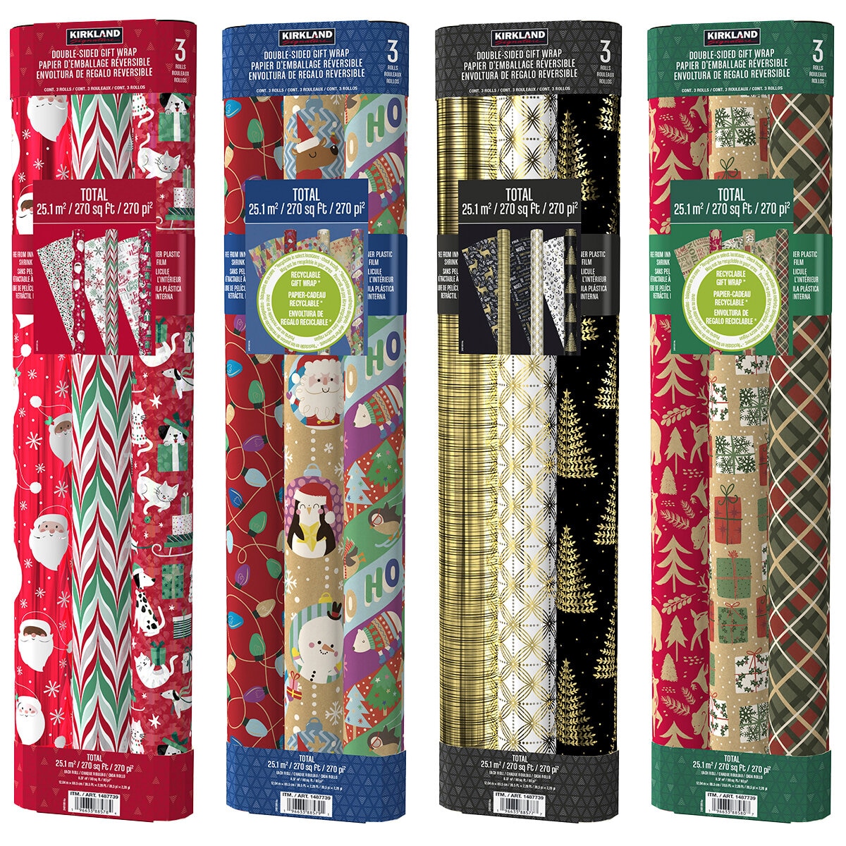 Kirkland Signature Paquete de 3 Rollos de Papel para Envolver con Diseños Navideños Varios Modelos