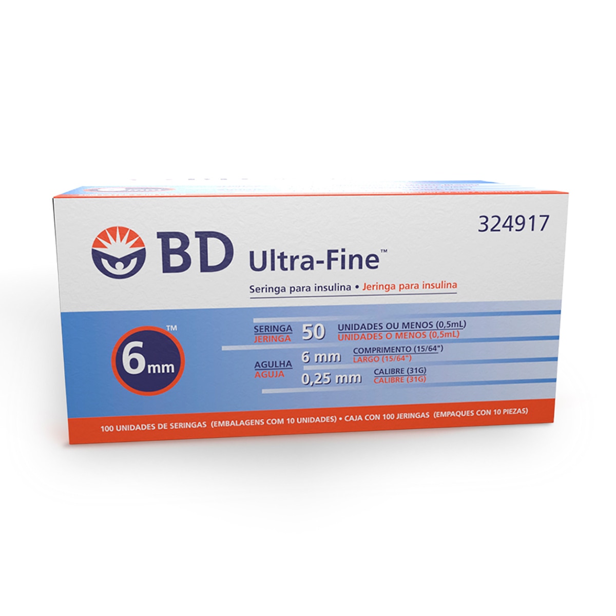 BD Jeringa UltraFine de 0.5mL 31G 6mm con 300 Piezas Autocontenidas