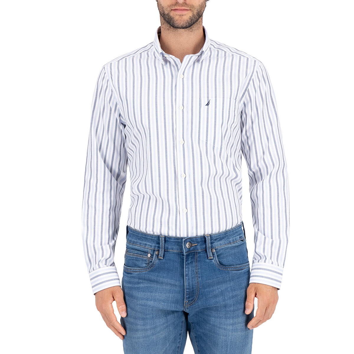 Nautica Camisa para Caballero Azul y rayas blancas Mediana