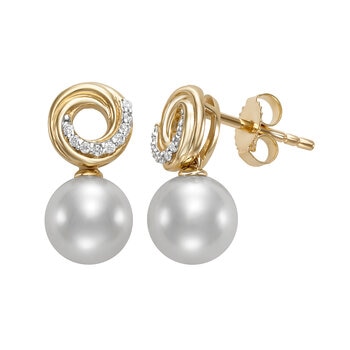 Aretes de Perlas Cultivadas, 7.5-8.0mm, con Diamantes .07ctw, Oro Amarillo de 14K