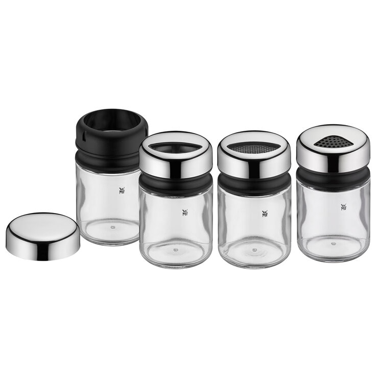 WMF Set de 4 Especieros de Vidrio con Tapa de Acero Inoxidable