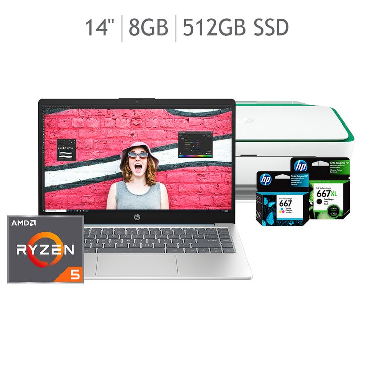 HP 14-em0002la Laptop 14" Full HD AMD Ryzen 5 8GB 512GB SSD + Impresora Ink Advantage 2375