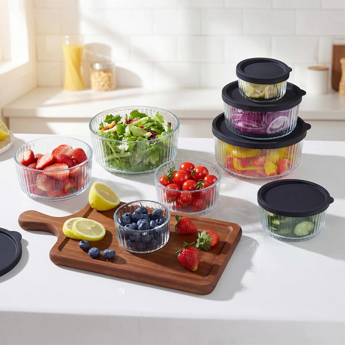 King Crystal 8 Tazones de Vidrio con Tapa de Silicona para Alimentos King Crystal 8 Tazones de Vidrio con Tapa de Silicona para Alimentos