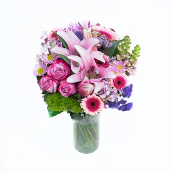 Chiltepec, Bouquet Mixto en Tonos Morados en Florero de Vidrio Chiltepec, Bouquet Mixto en Tonos Morados en Florero de Vidrio