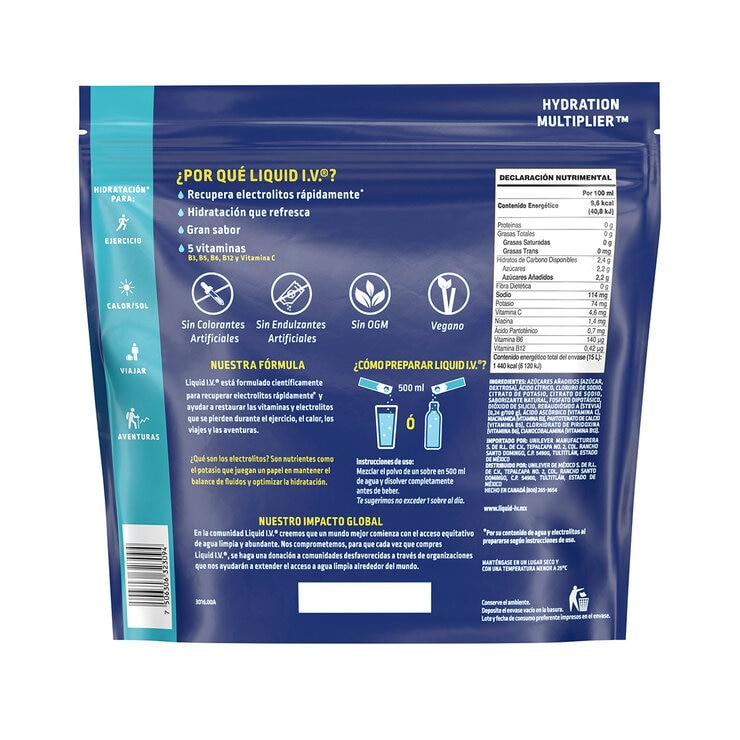 Liquid I.V. Electrolitos en Polvo sabor Lima-Limón 30 pzas de 16 g