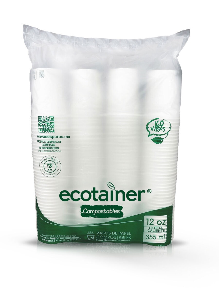 Ecotainer Vasos Compostables 160 pzas de 355 ml
