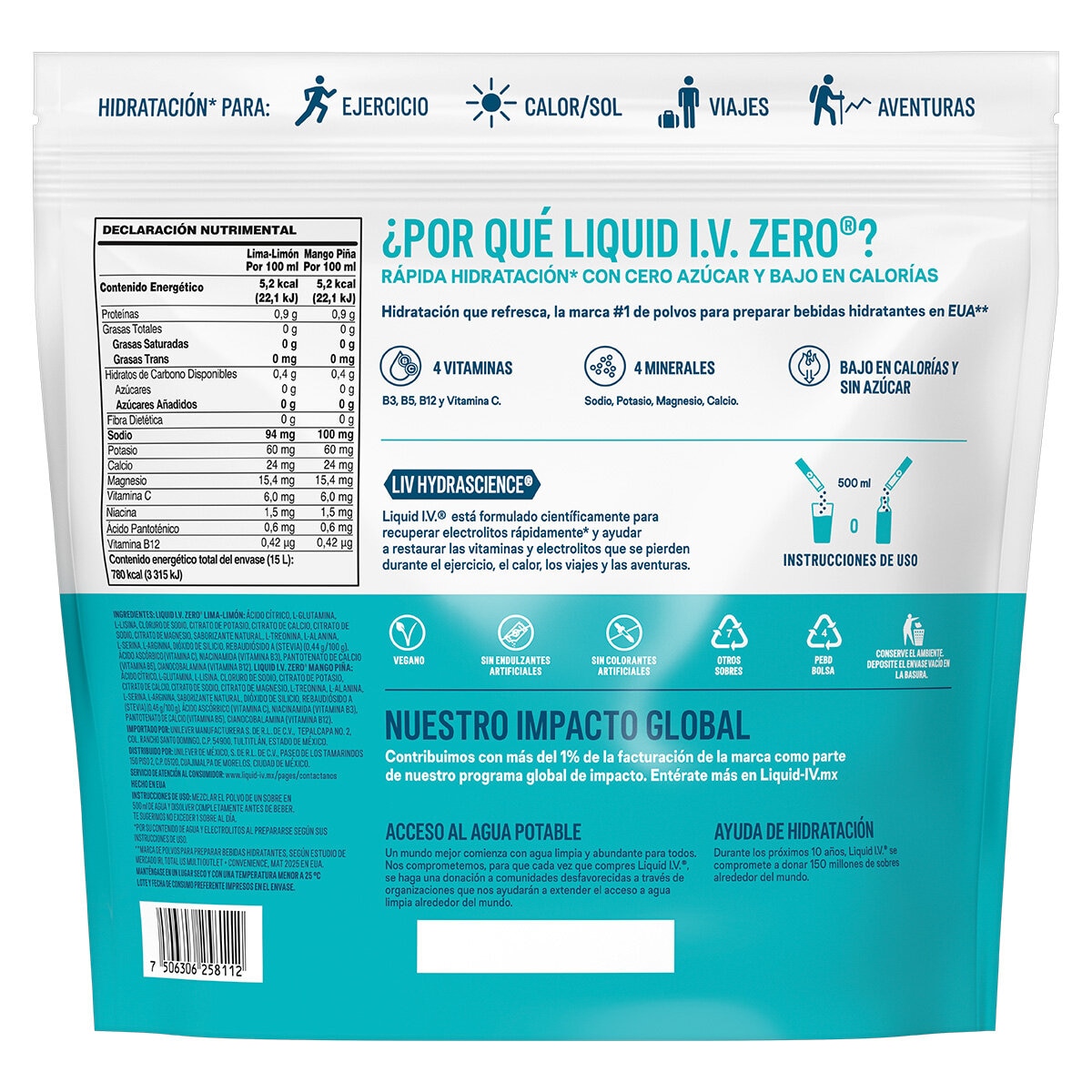 Liquid I.V. Electrolitos en Polvo Sabor Mango-Piña y Lima-Limón 30 pzas de 10 g Liquid I.V. Electrolitos en Polvo Sabor Mango-Piña y Lima-Limón 30 pzas de 10 g