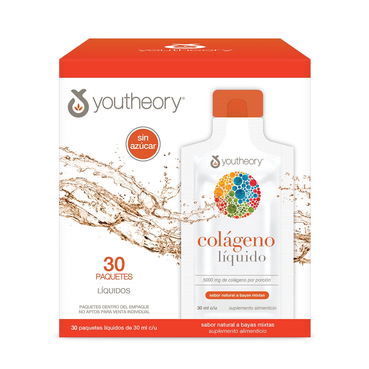 Youtheory Colágeno Líquido 5,000 mg Sabor Bayas Mixtas 30 Paquetes