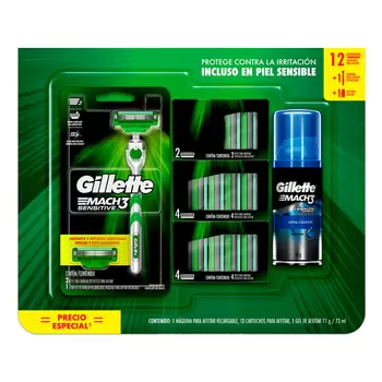 Gillette Mach 3 Rastrillo con Crema para Afeitar y 12 Cartuchos