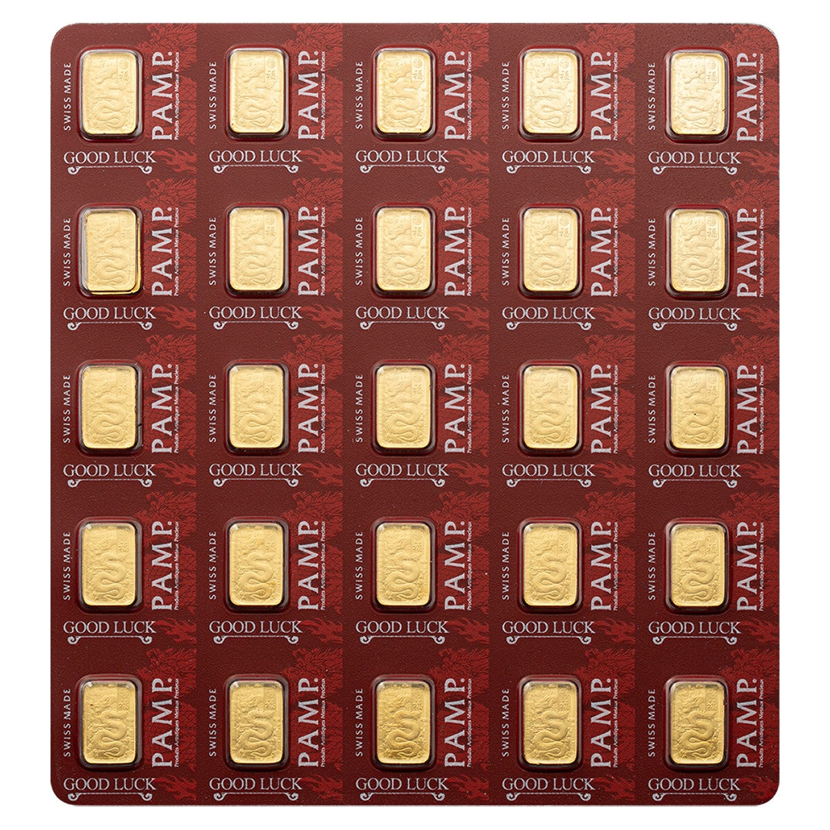 Lingotes de Oro 25 pz de 1g c/u PAMP, Dragón Buena Suerte