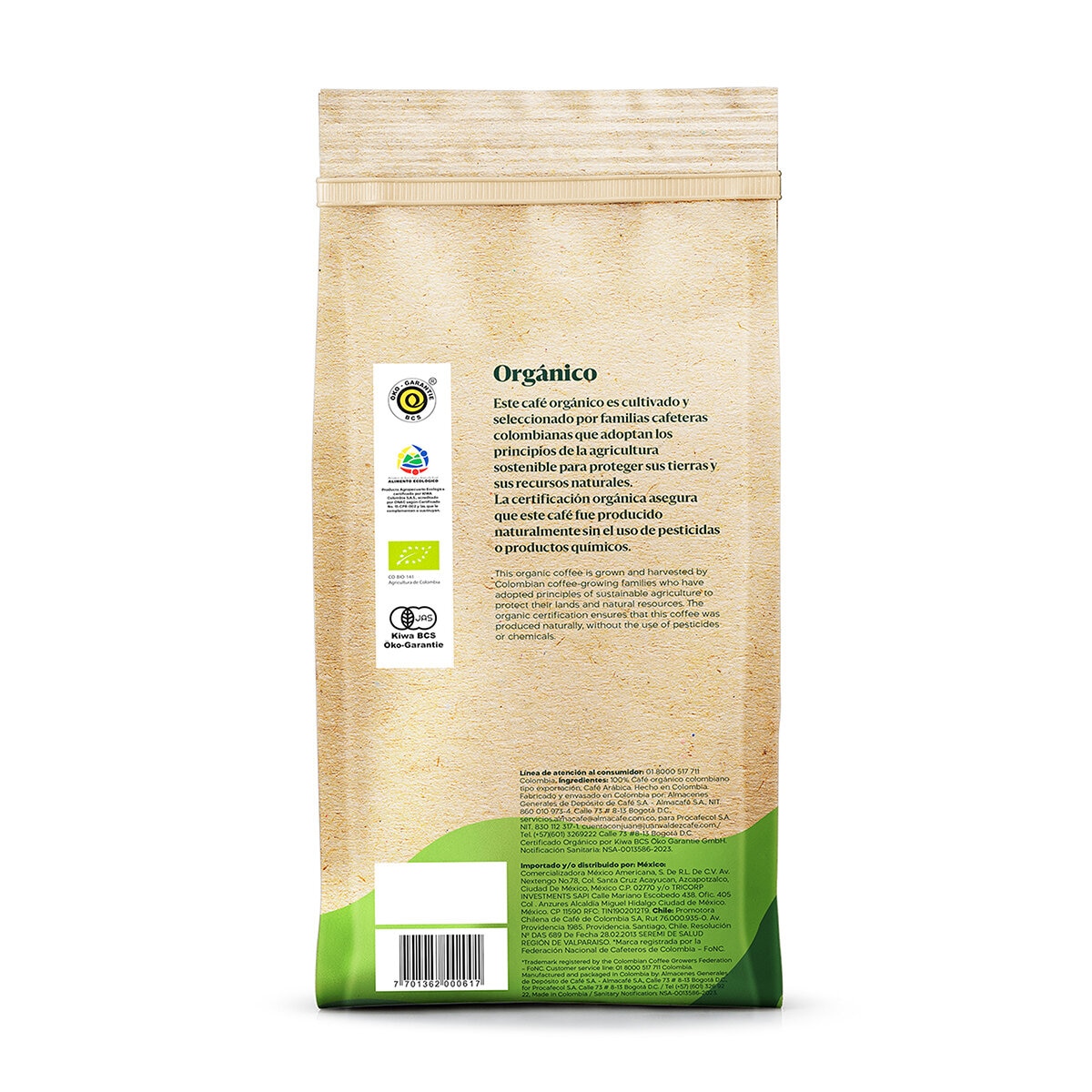 Juan Valdez Café Tostado Orgánico en Grano 1 kg