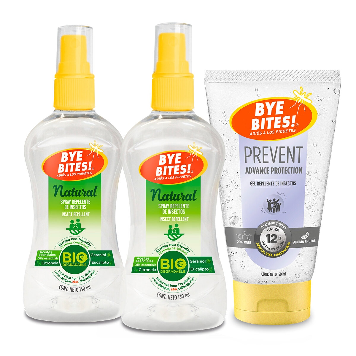 Bye Bites Natural Repelente de Insectos 2 pzas de 130 ml + Prevent en Gel Repelente de Insectos de 150 ml