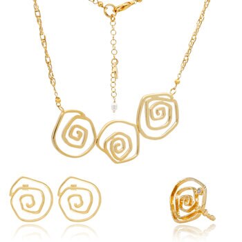 Ablime, Juego en Baño de Oro, Aretes, Collar, Anillo con Diseño de Rosa Moderno