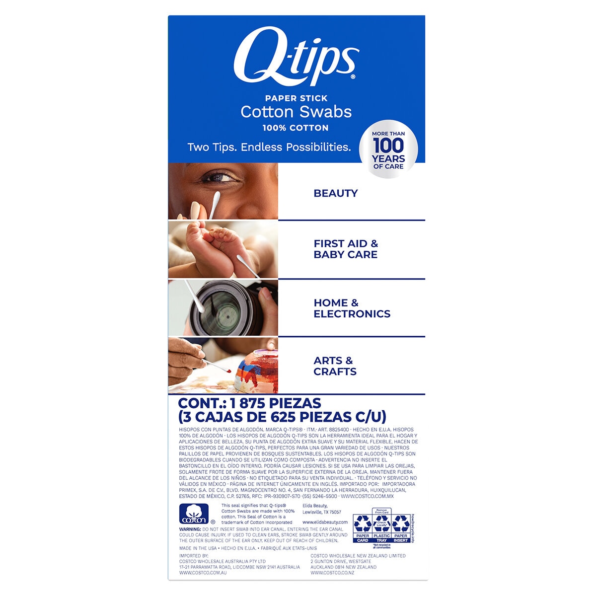 Q-Tips Cotonetes de Algodón 3 paquetes de 625 pzas