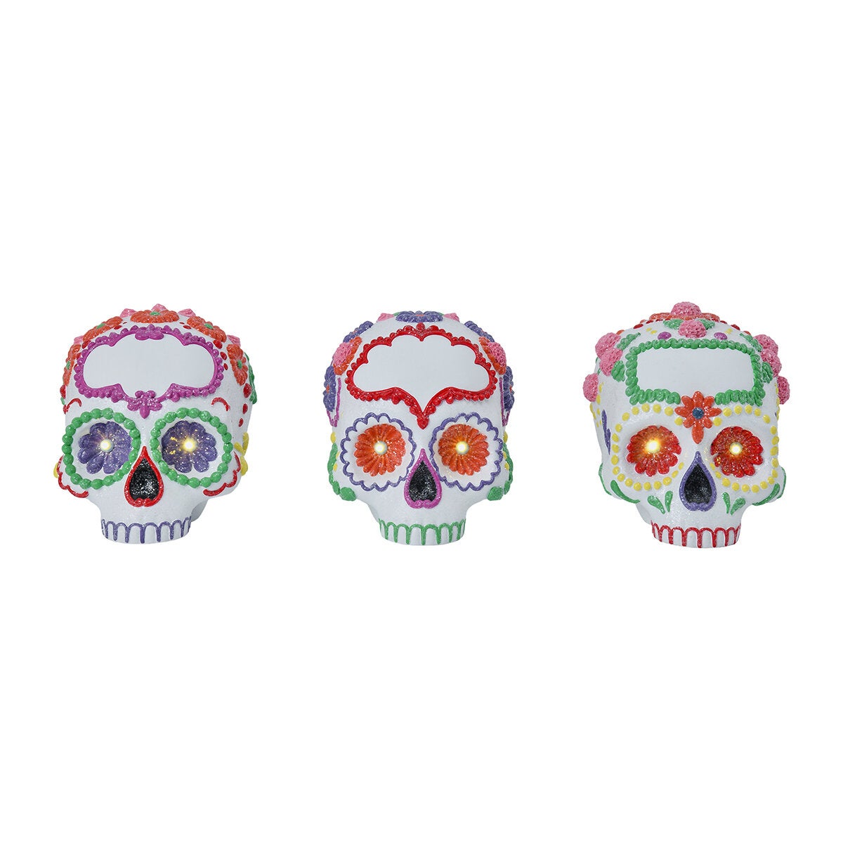 Figuras de Calaveritas de Azúcar con Luces LED, Juego de 3 Pzas. Figuras de Calaveritas de Azúcar con Luces LED, Juego de 3 Pzas.