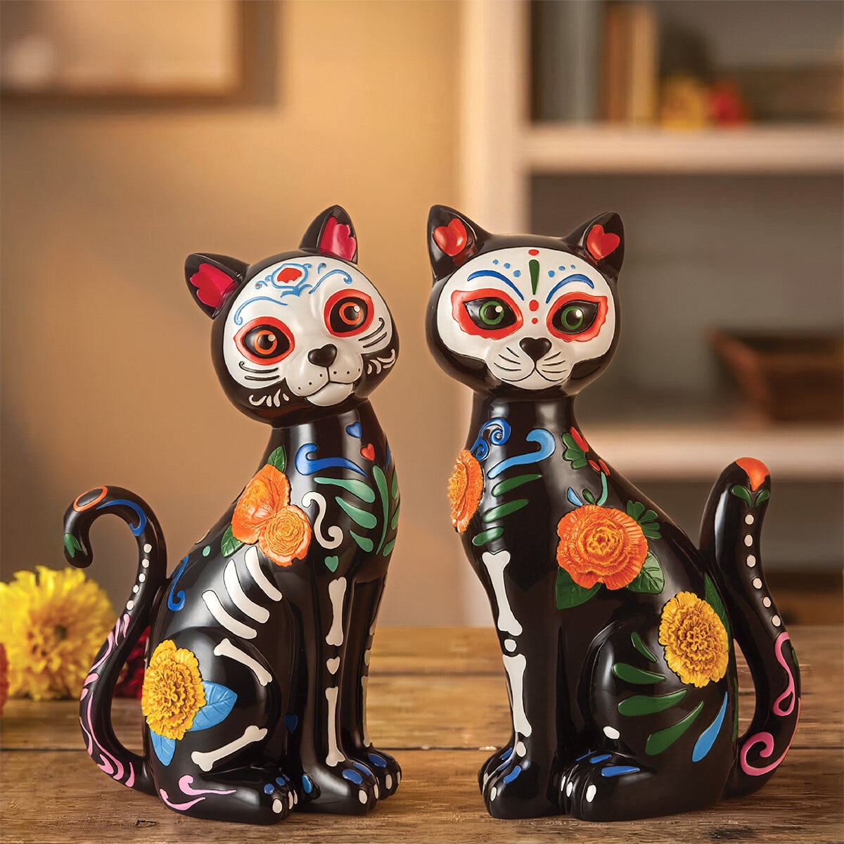Gatos Decorativos de Día de Muertos, Juego de 2 Pzas. Gatos Decorativos de Día de Muertos, Juego de 2 Pzas.