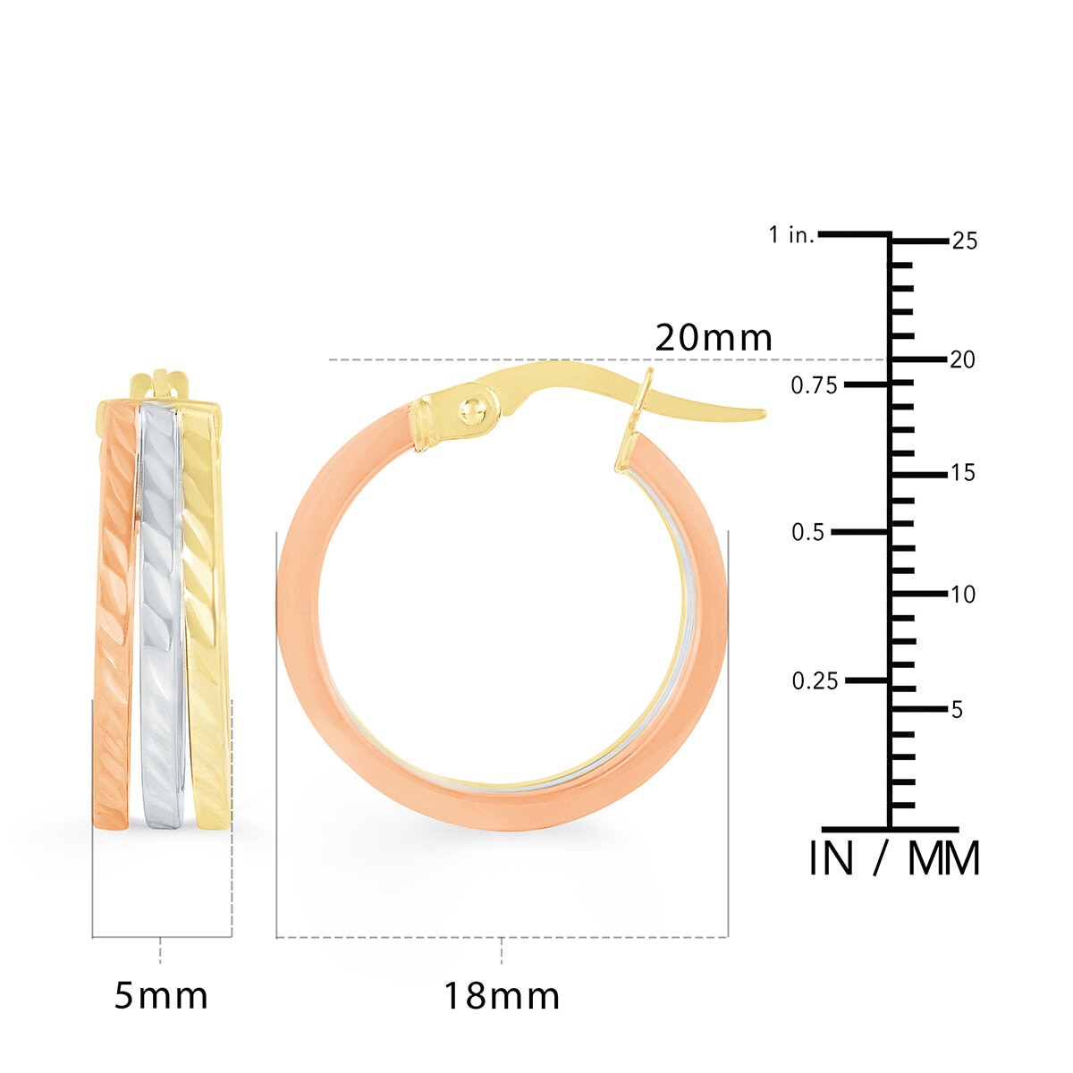 Aretes de Triple Fila, Oro Tricolor de 14K