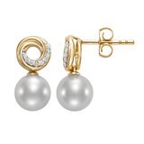 Aretes de Perlas Cultivadas, 7.5-8.0mm, con Diamantes .07ctw, Oro Amarillo de 14K