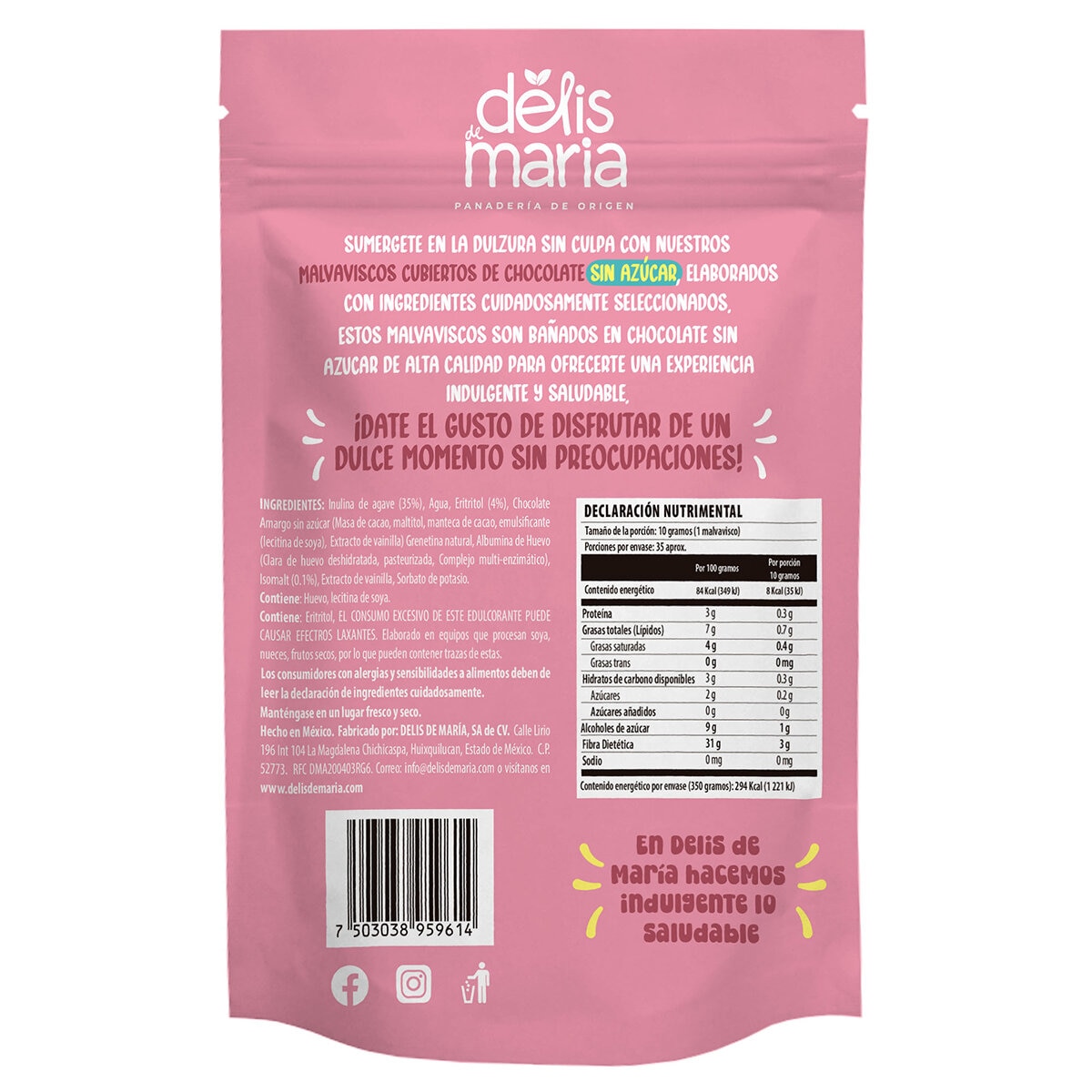 Delis de Maria Malvaviscos Cubiertos de Chocolate Sin Azúcar Añadida 350 g