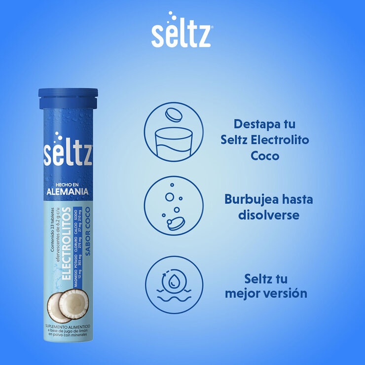 Seltz Electrolitos 3 Tubos con 13 Tabletas Efervescentes c/u Sabor Coco Seltz Electrolitos 3 Tubos con 13 Tabletas Efervescentes c/u Sabor Coco