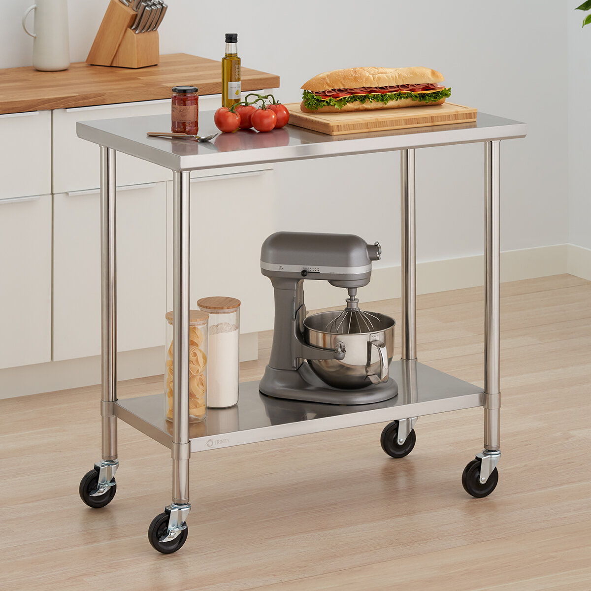 Trinity Mesa de Preparación de Acero Inoxidable con Ruedas