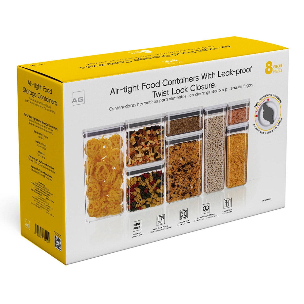AG Box, Set de 8 Contenedores de Alimentos, DIferentes Capacidades, con Cierre Giratorio