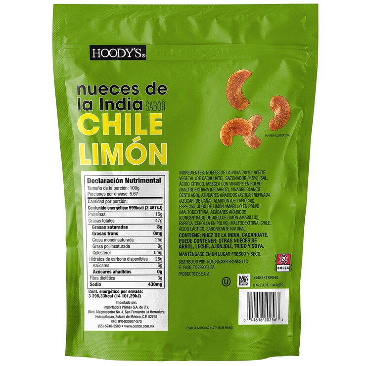 Hoody's Nueces de la India Sabor Chile Limon 567 g