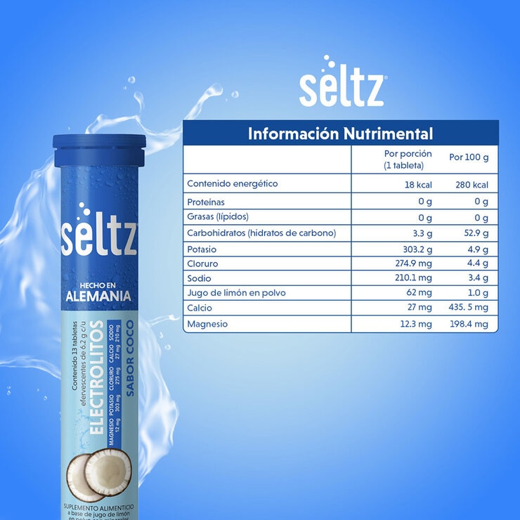 Seltz Electrolitos 3 Tubos con 13 Tabletas Efervescentes c/u Sabor Coco Seltz Electrolitos 3 Tubos con 13 Tabletas Efervescentes c/u Sabor Coco