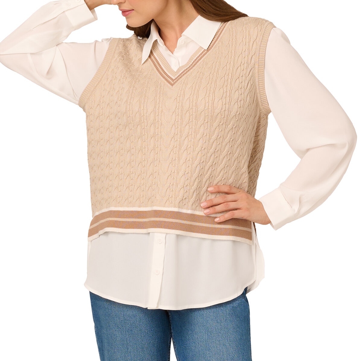 Adrianna Papell Chaleco con blusa simulada para Dama Café Mediana