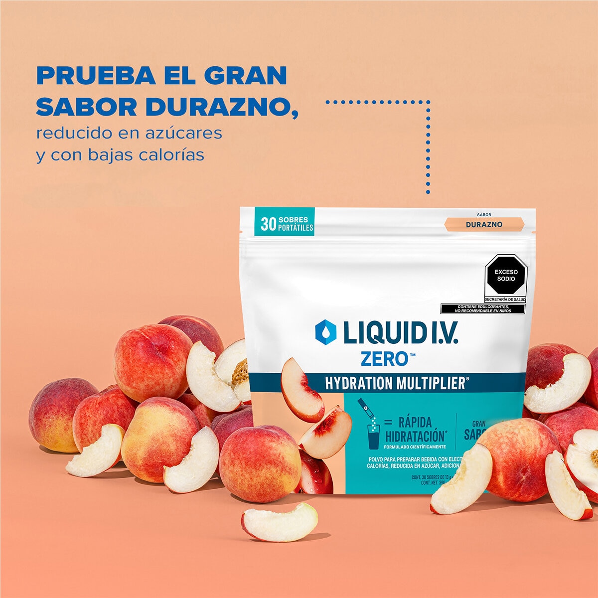 Liquid I.V. Electrolitos en Polvo Reducidos en Azúcar Sabor Durazno 30 pzas de 13 gr