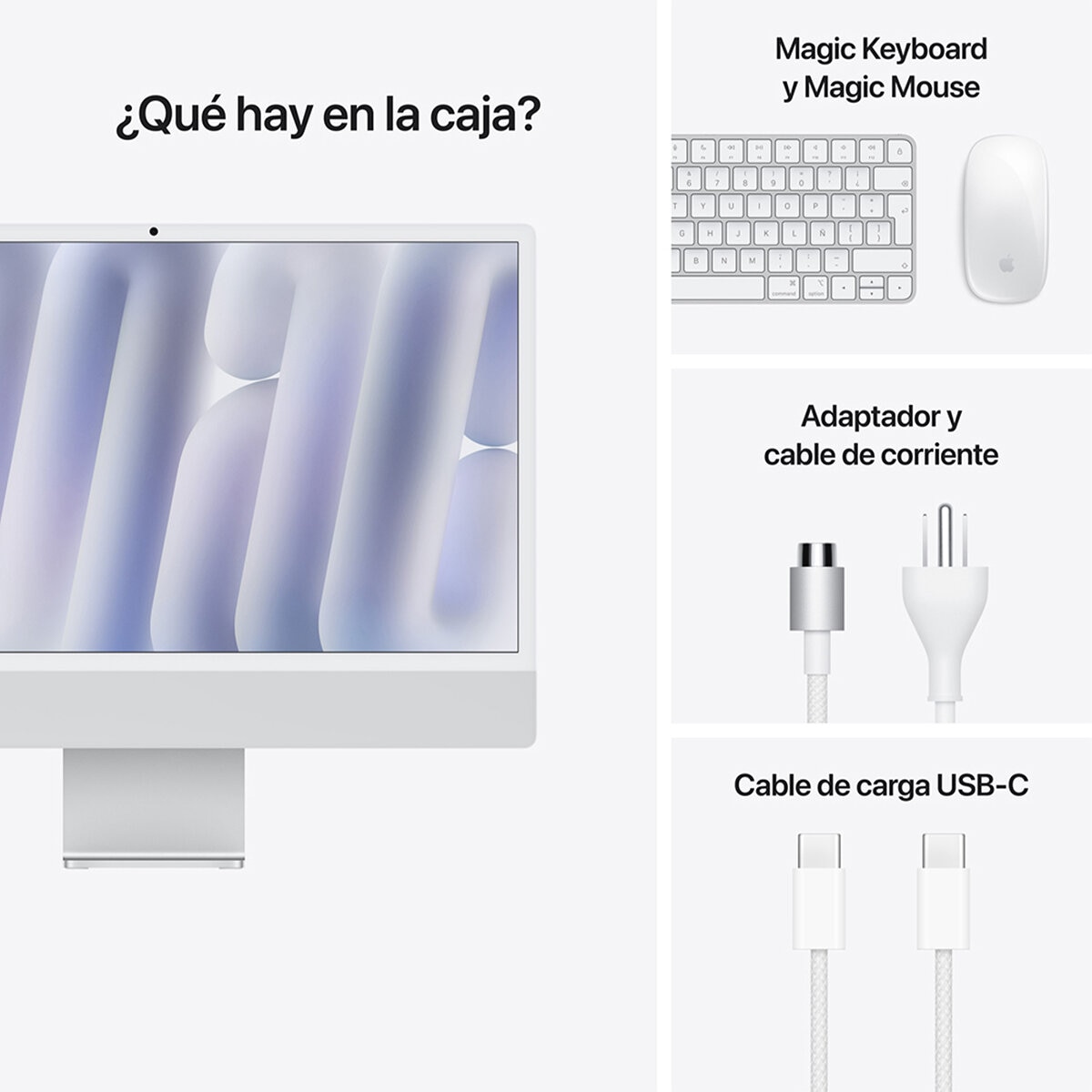 Apple iMac 24" 256GB 4.5K Chip M4 Plata CPU de 8 núcleos GPU de 8 núcleos Memoria unificada de 16GB