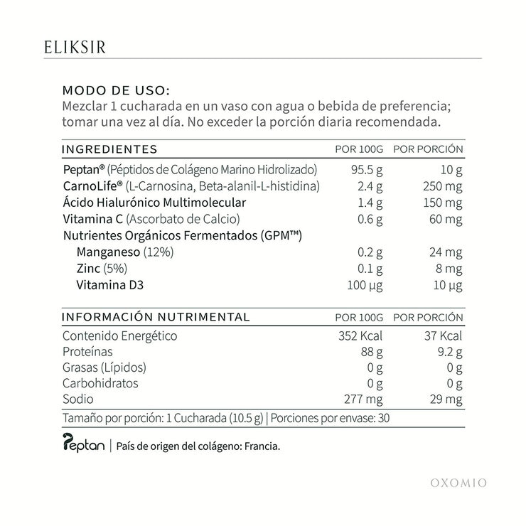 Oxomio Eliksir Colágeno Marino hidrolizado Francés 30 Porciones