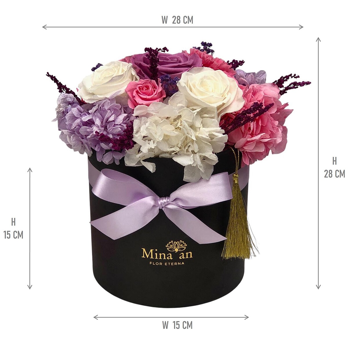 Mina'an Flor Eterna, Bouquet Mix Lila, Caja Negra, Duración 6 Meses