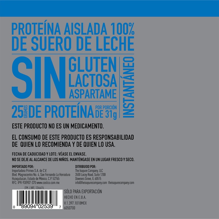 Proteína en Polvo Sabor Vainilla, Isopure, 2.04 kg Costco México