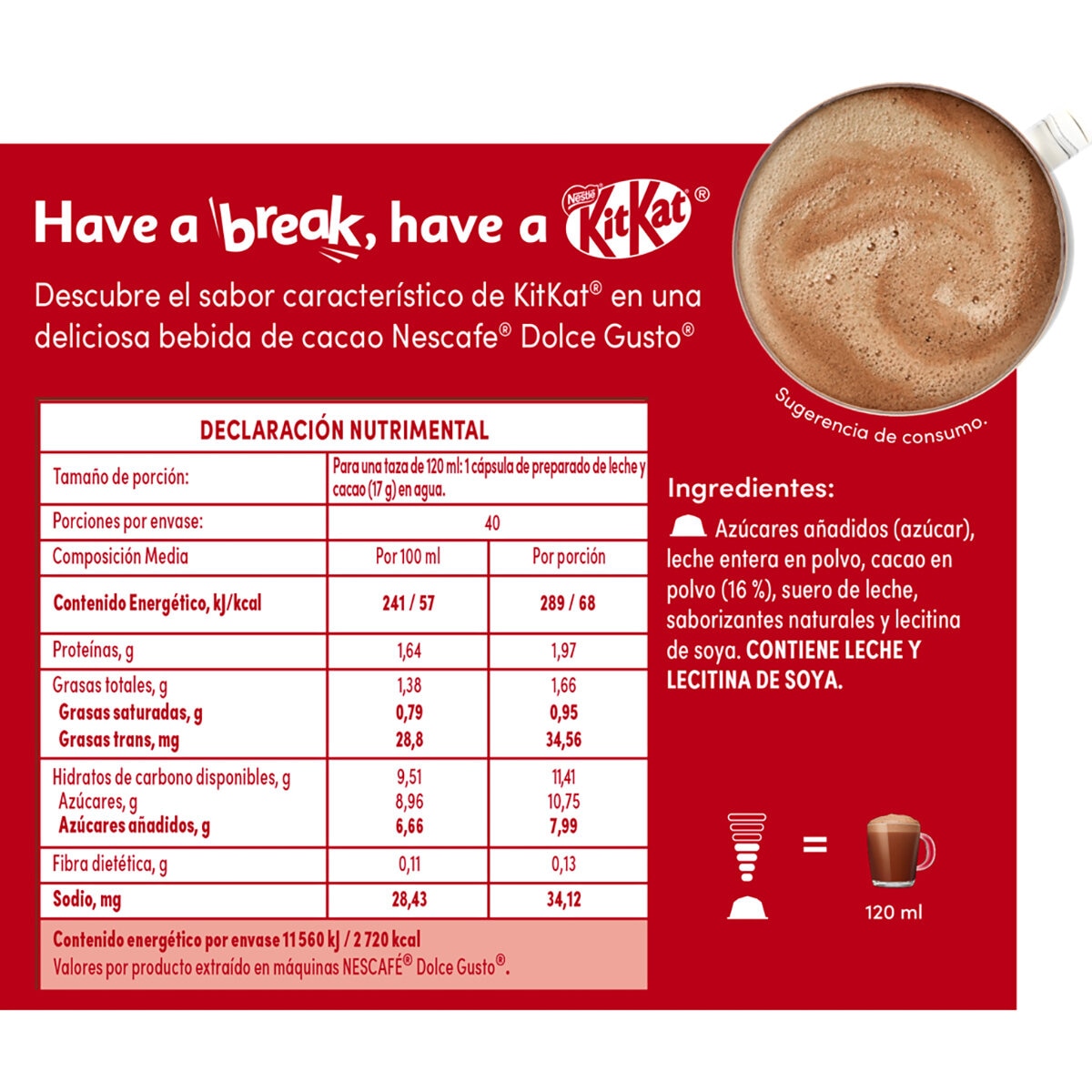 Nescafé Dolce Gusto, 40 cápsulas sabor chocolate KitKat